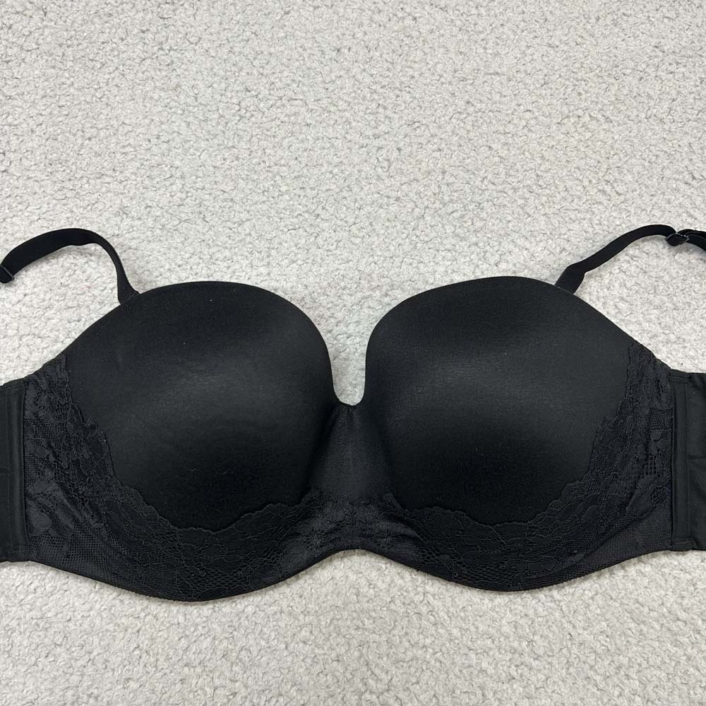 Victoria's Secret Bra 38DD Strapless Body By Victoria Lined Lace Underwire Black